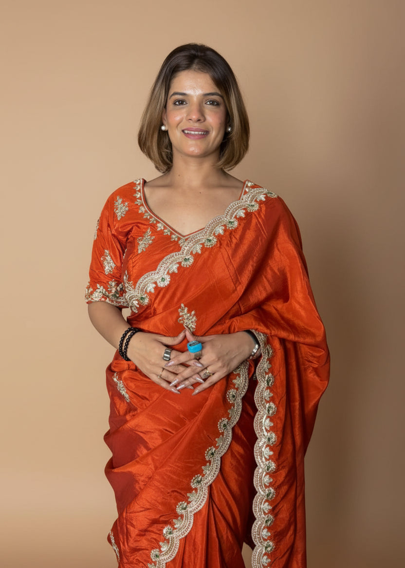 Modern Rust Orange Silk Saree Set Secondary image