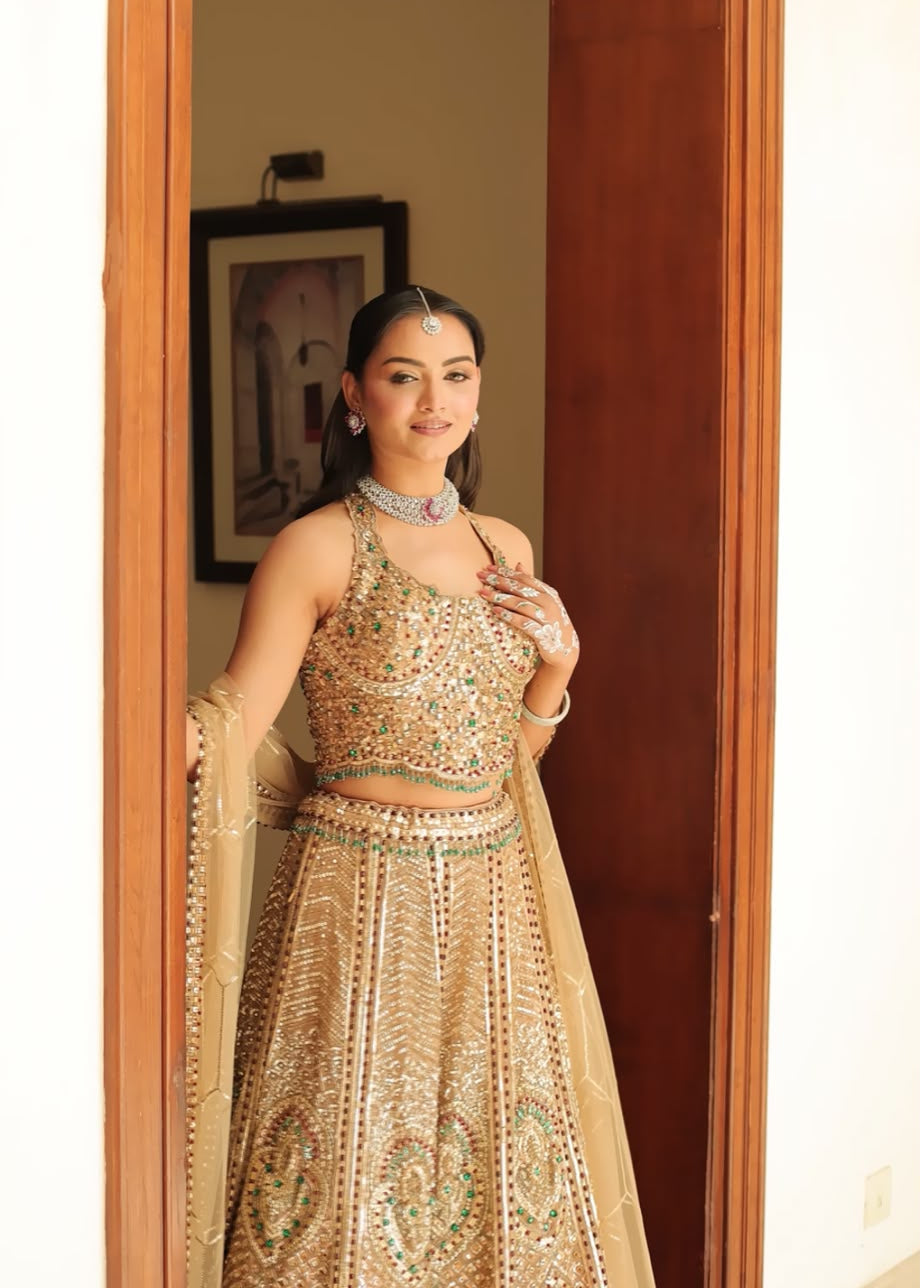 Champagne Gold Mirror & Sequin Embellished Lehenga Set Secondary image
