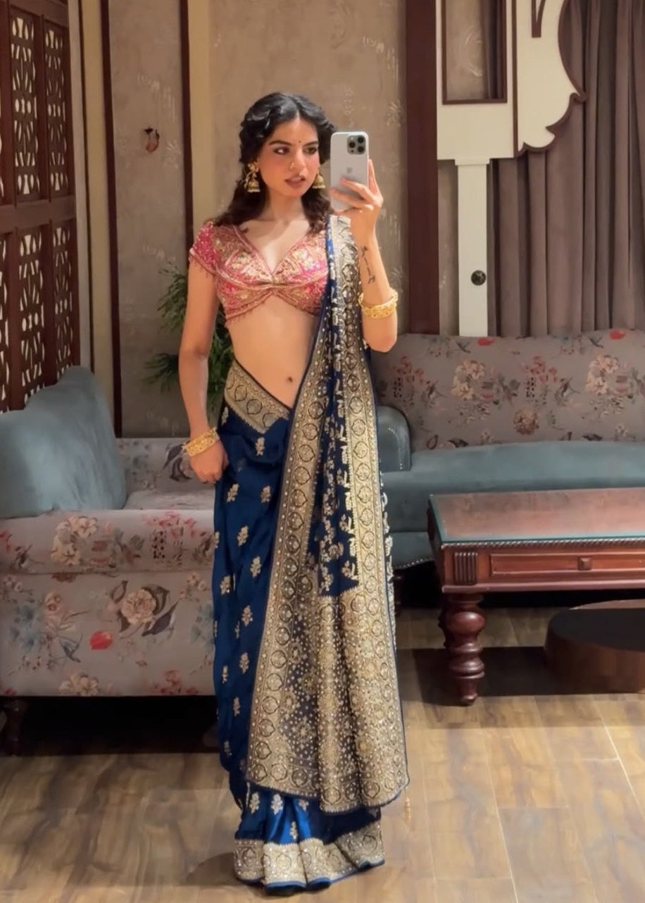 Royal Blue Embroidered Banarasi Saree Main image