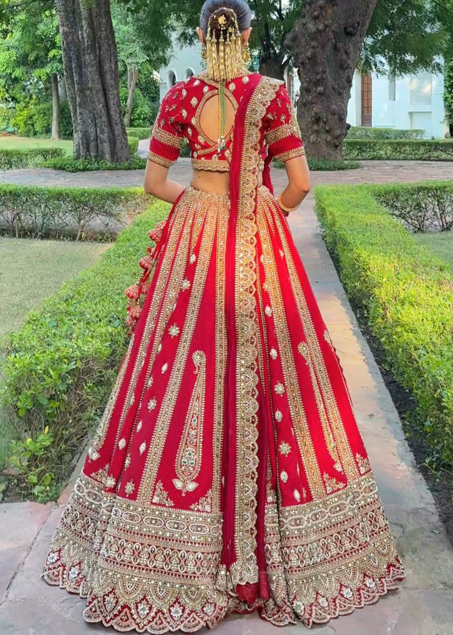 Ruby Red Zardozi Handcrafted Bridal Lehenga