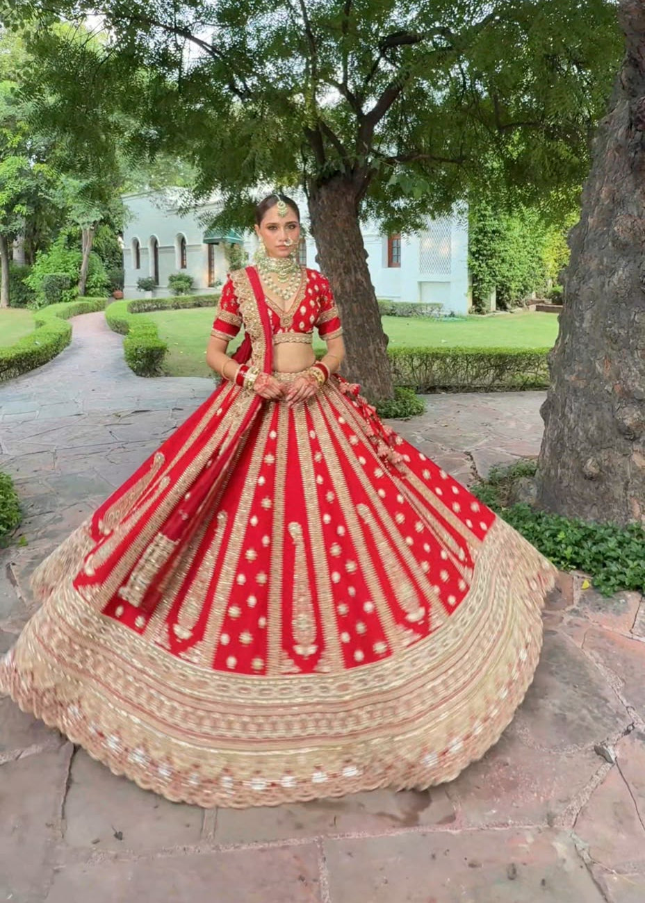 Ruby Red Zardozi Handcrafted Bridal Lehenga