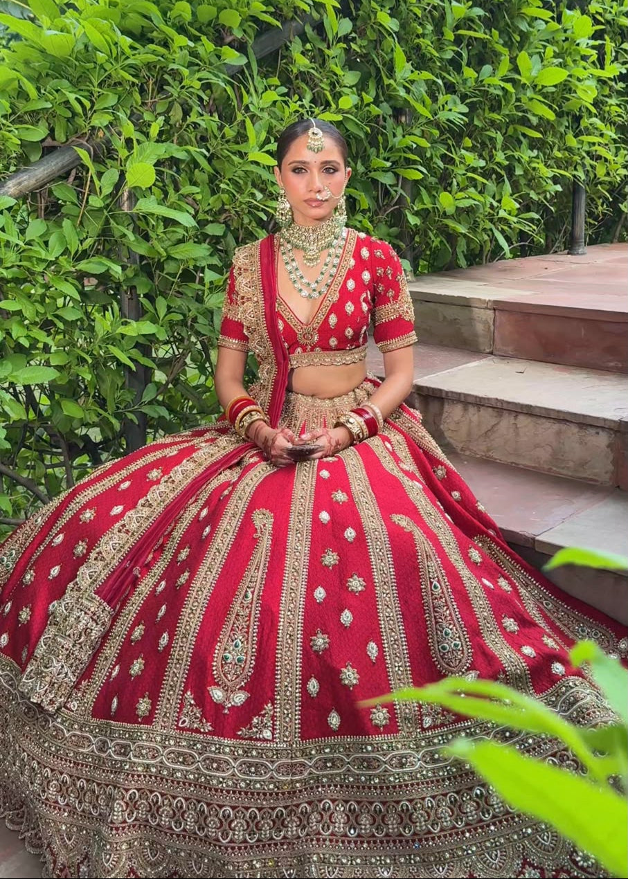 Ruby Red Zardozi Handcrafted Bridal Lehenga