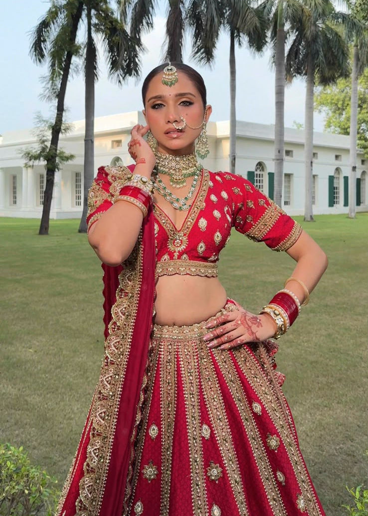 Ruby Red Zardozi Handcrafted Bridal Lehenga