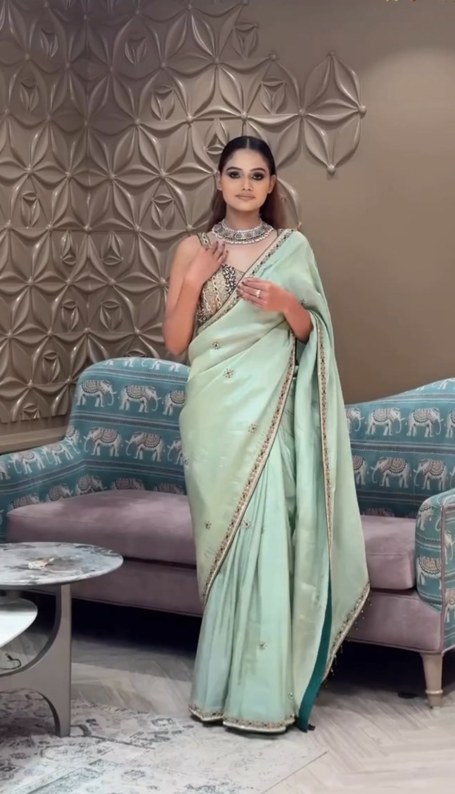Heavily Embellished Satin-Silk Saree