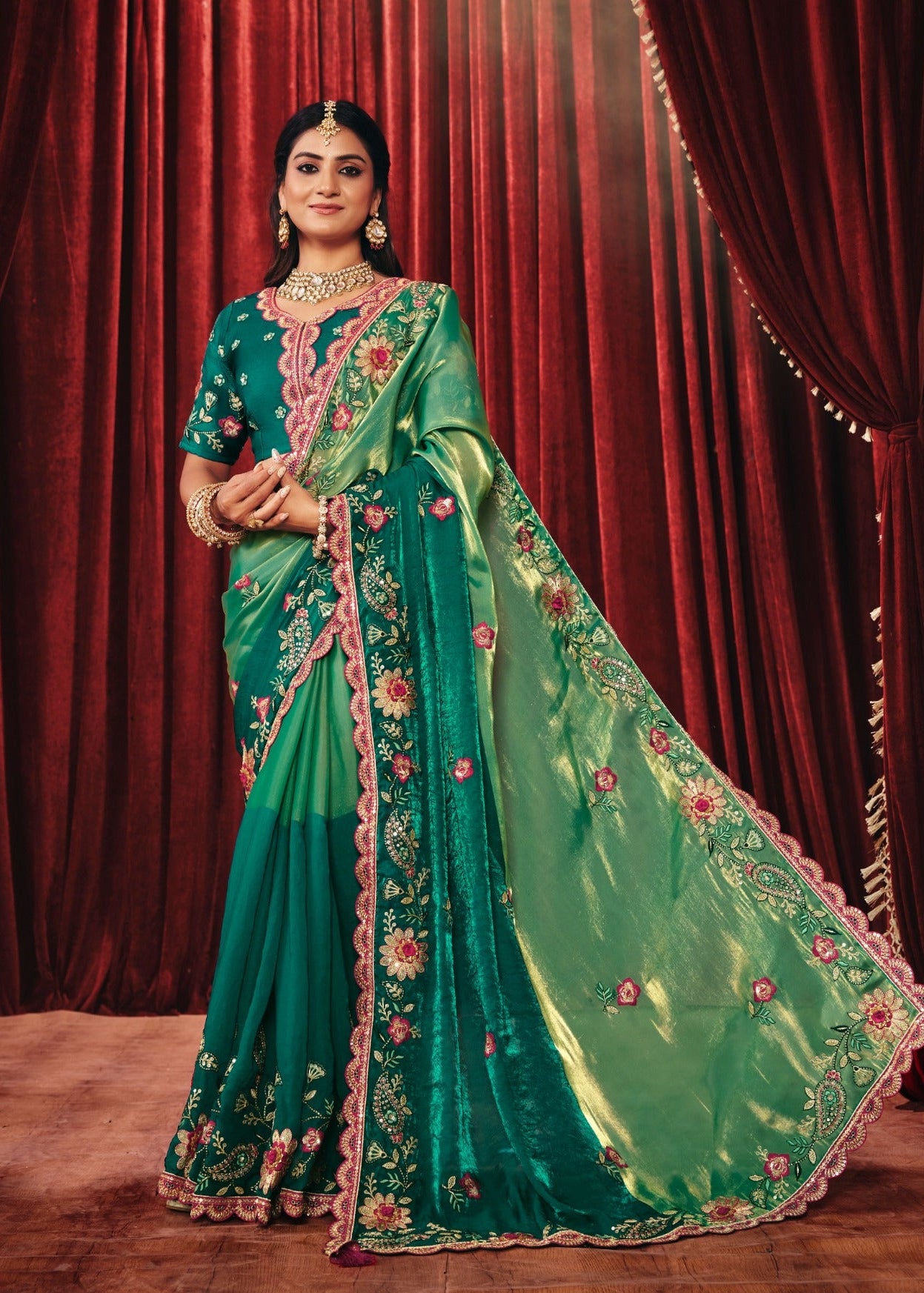 Mint Dual-Tone Embroidered Tissue Silk Saree