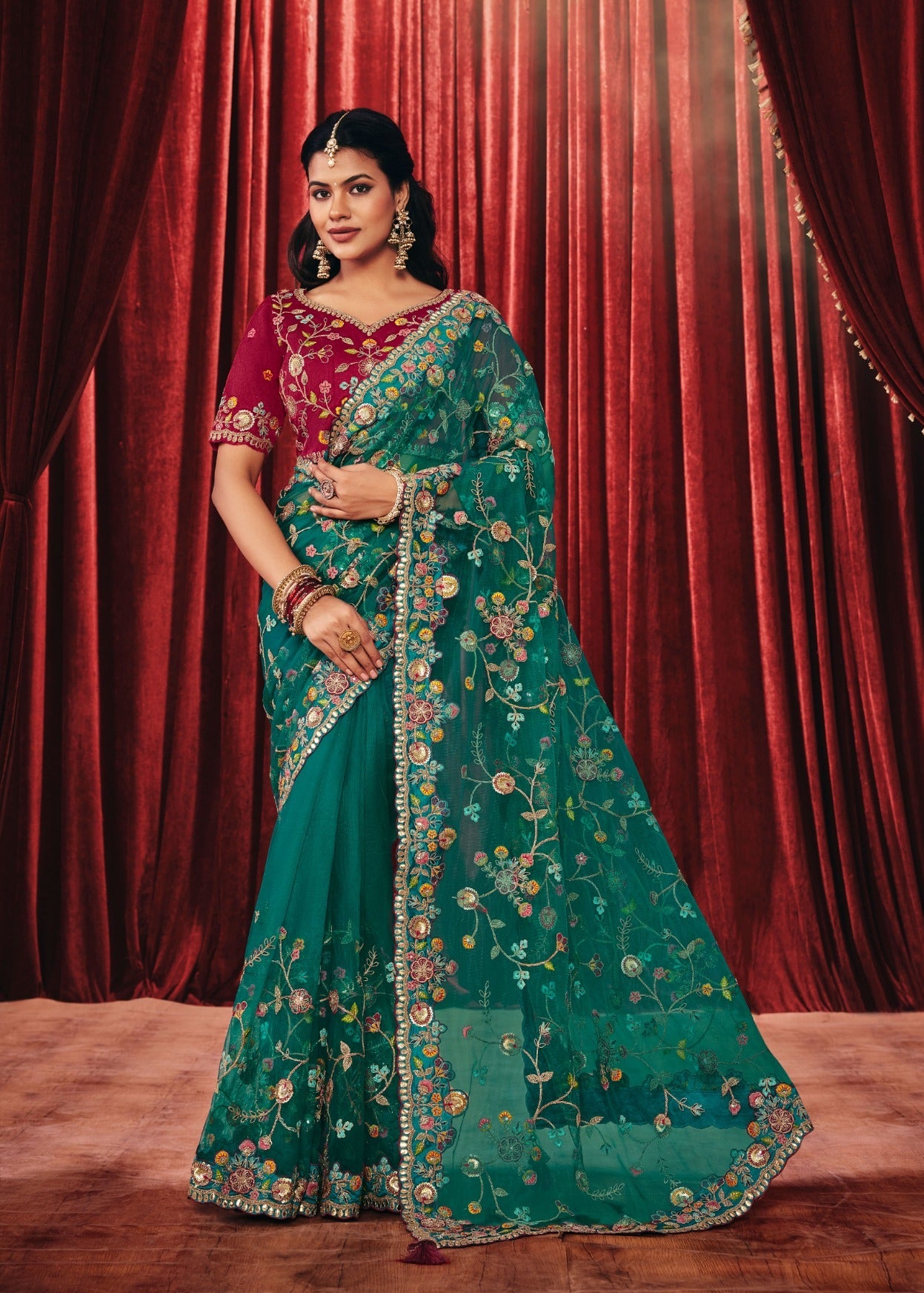 Teal Green Embroidered Organza Saree Main image