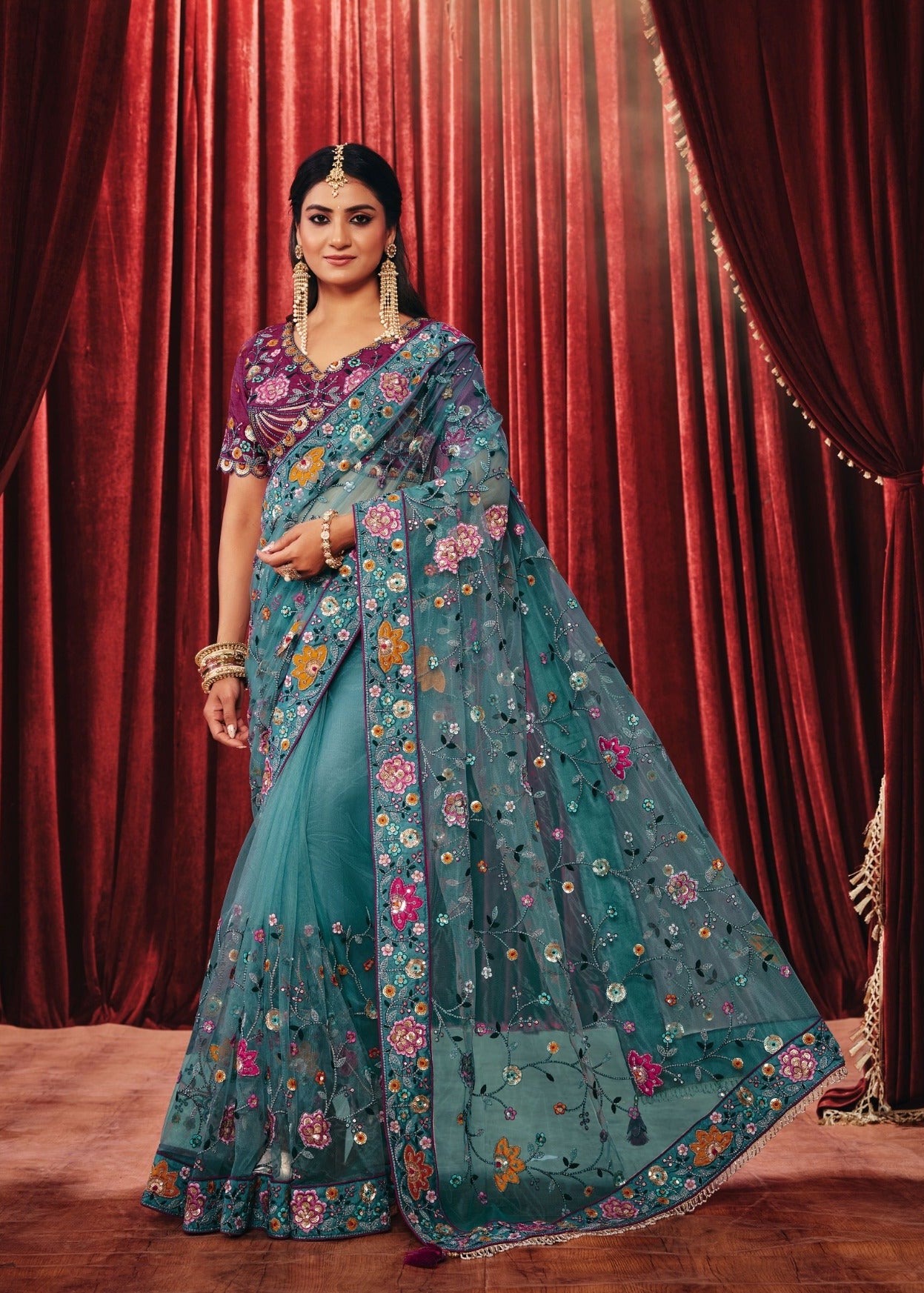 Dusty Blue Embroidered Organza Saree