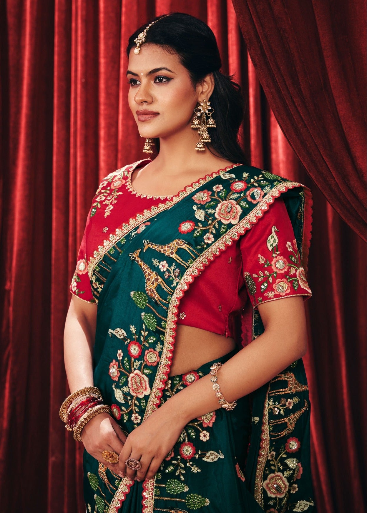 Emerald Green Embroidered Satin Silk Saree