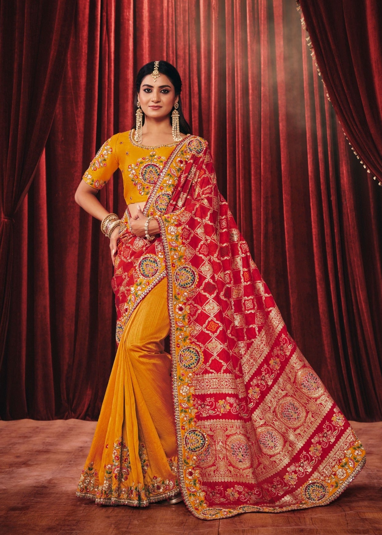 Half-and-Half Bandhani Silk Saree Main image