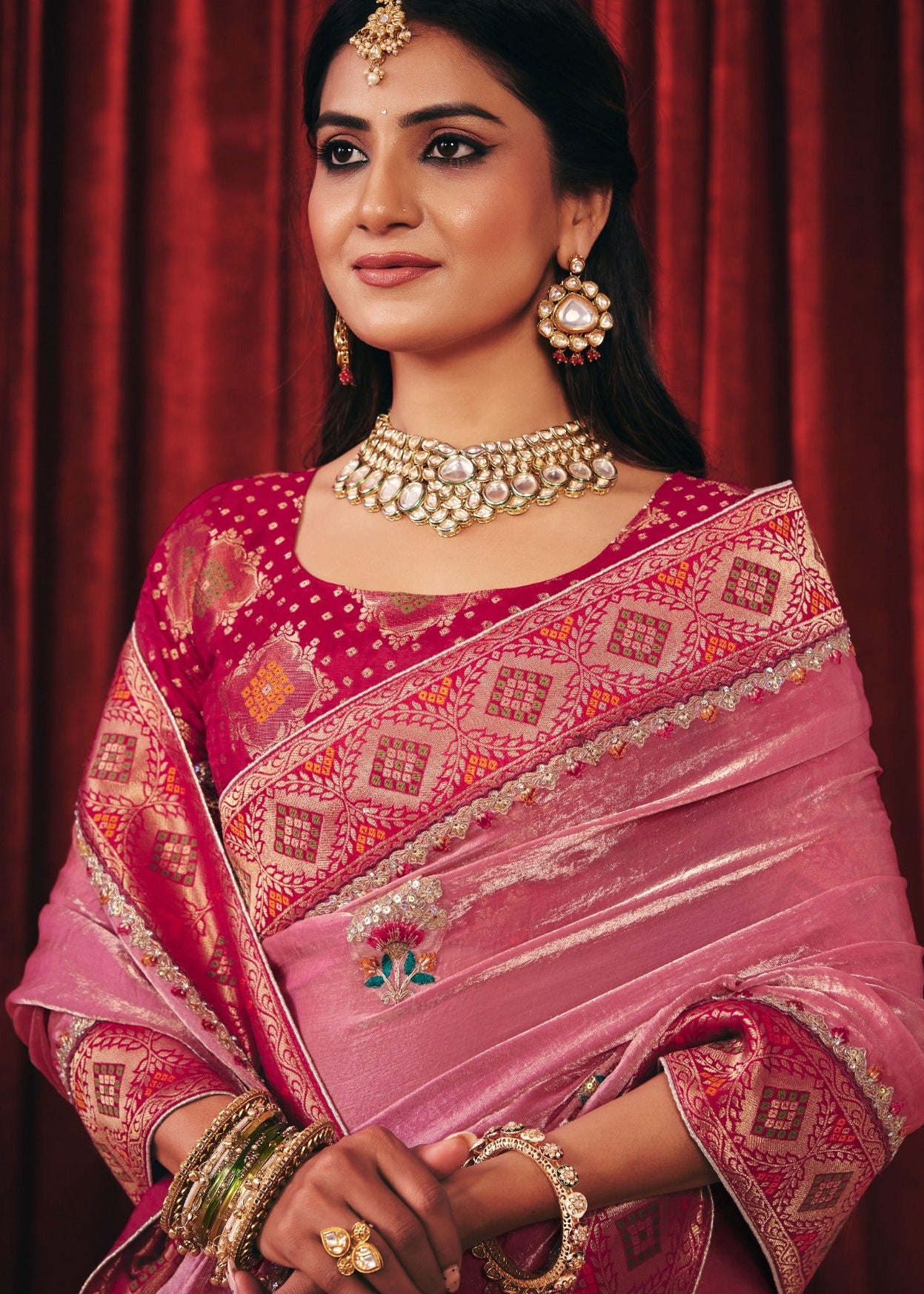 Pink Luminous Tissue Silk Saree Secondary image