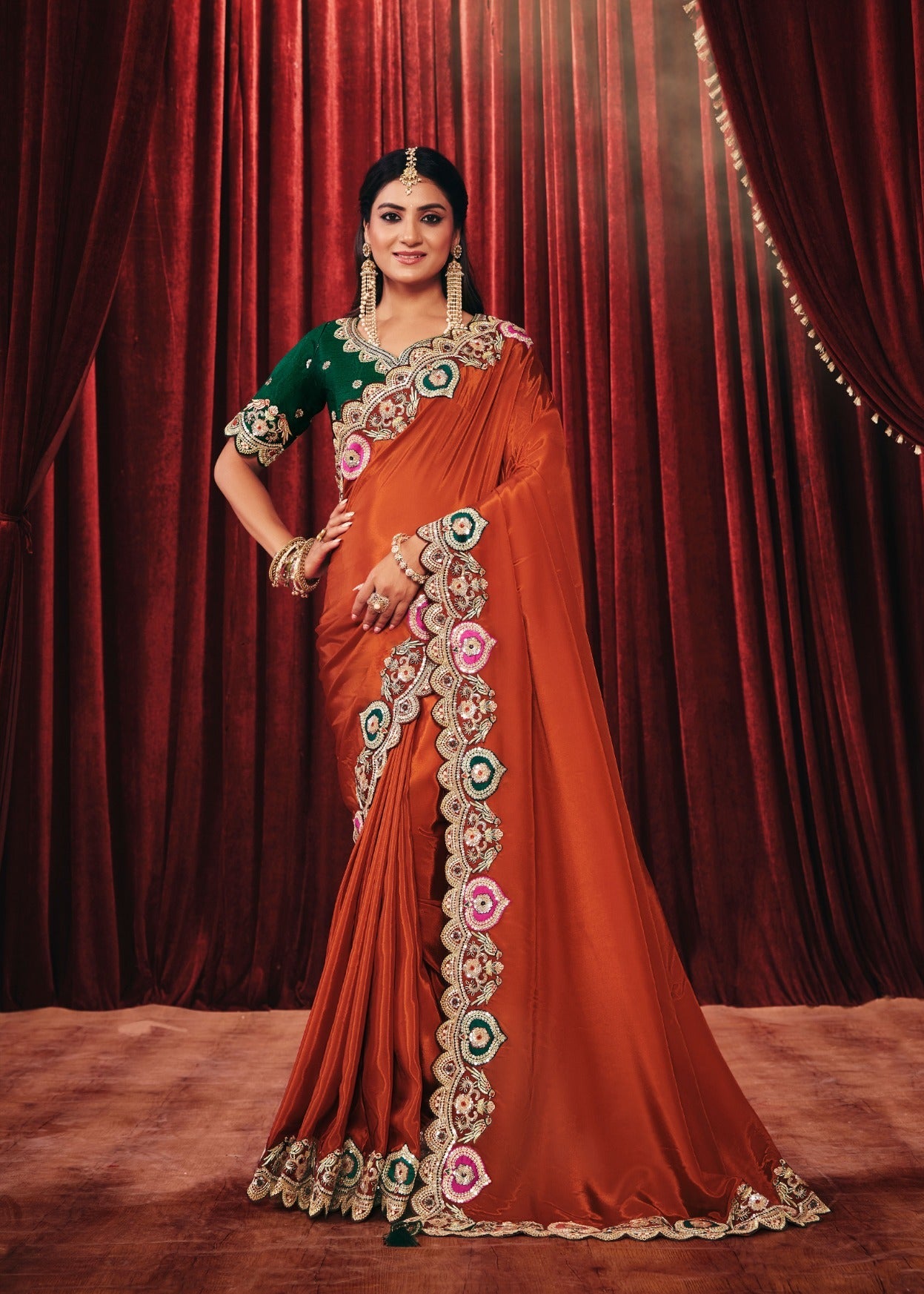 Rust Orange Embroidered Silk Saree Main image