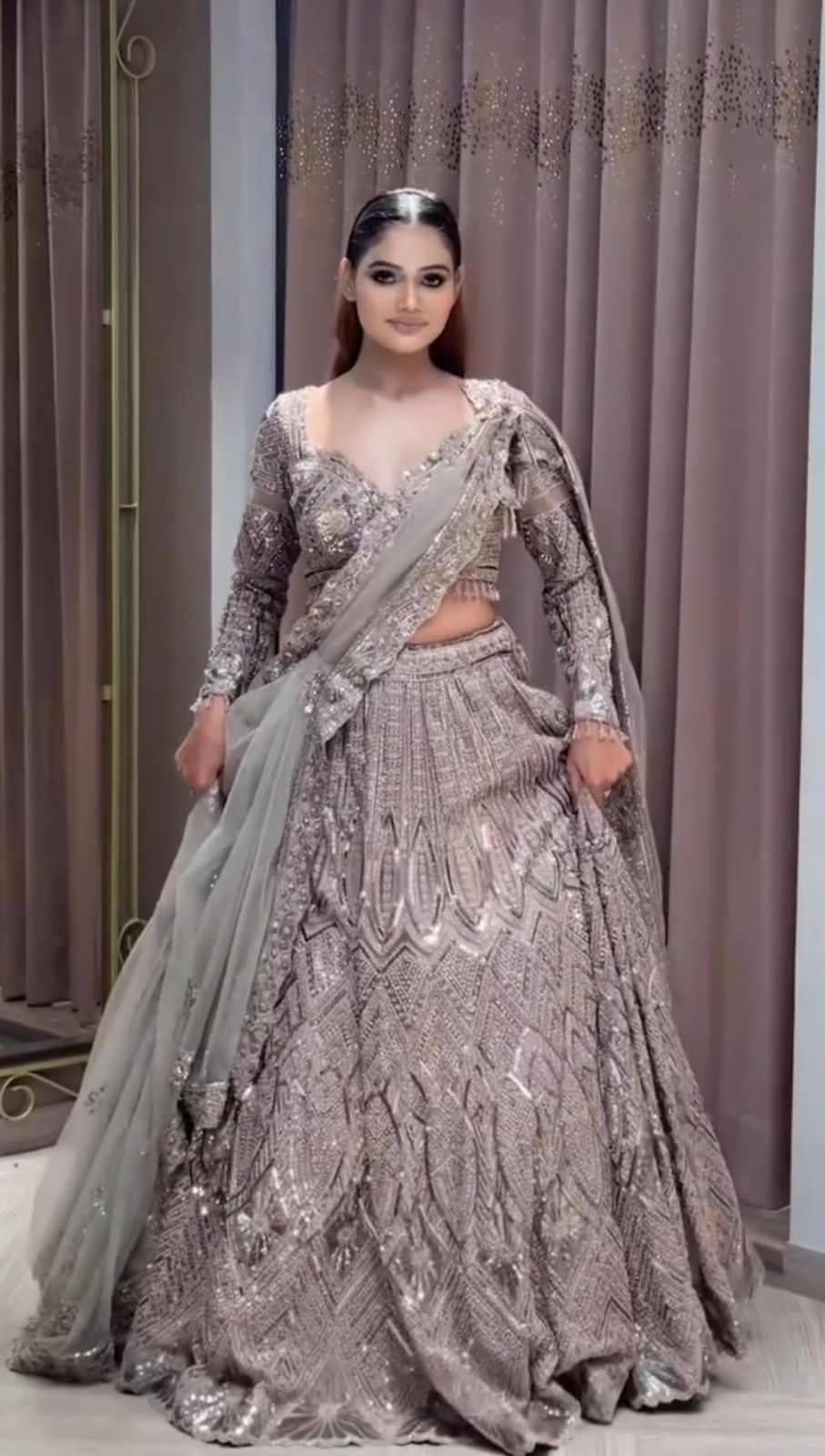 Mocha Brown Heavily Embellished Lehenga Set Main image
