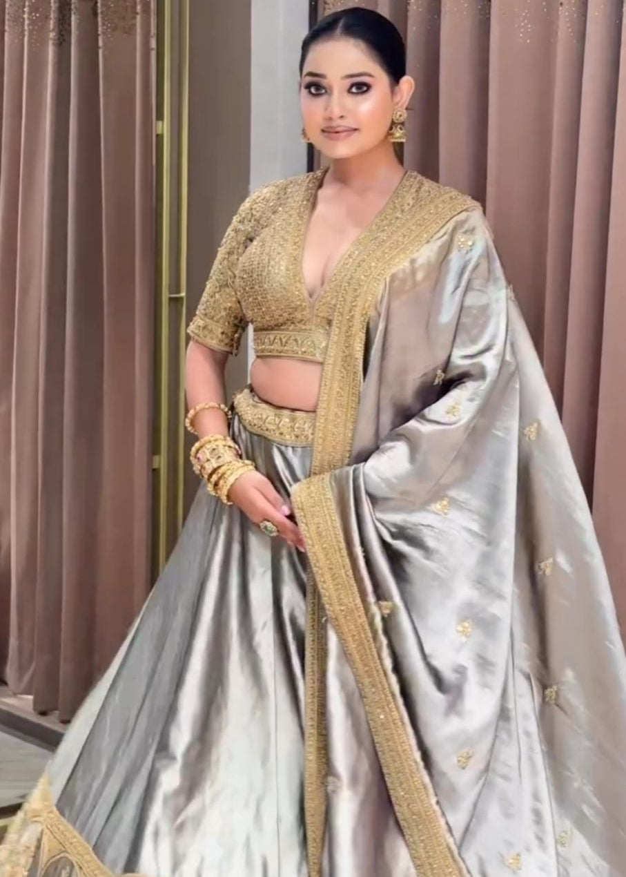 Metallic Silver Tissue Silk Lehenga Set