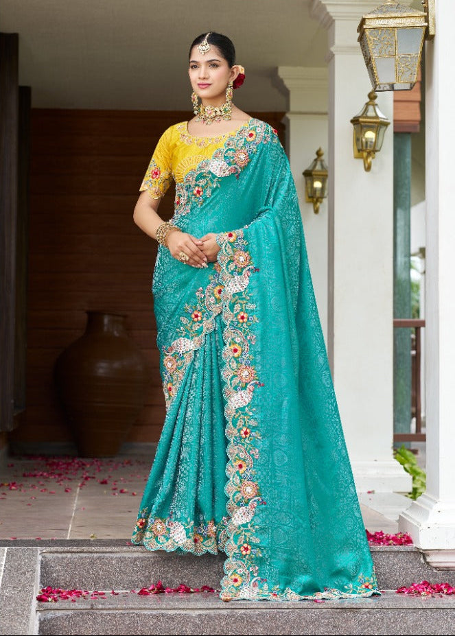 Peacock Blue Embroidered Silk Saree