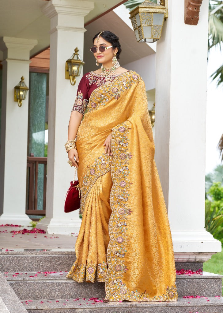 Mustard Yellow Embroidered Silk Saree Main image