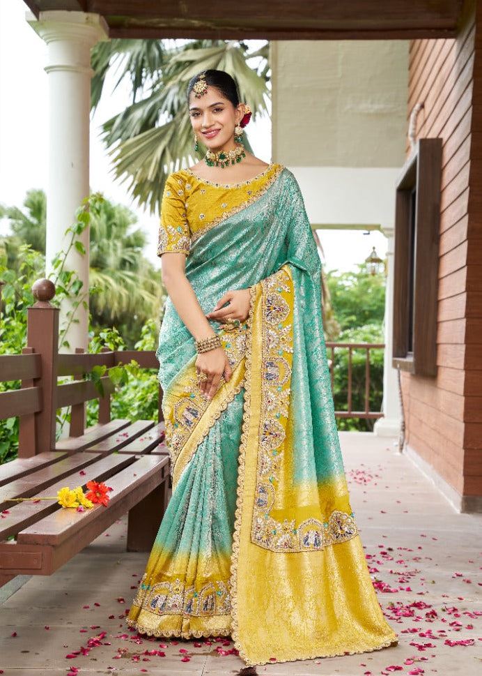 Sea Green & Mustard Ombré Silk Saree