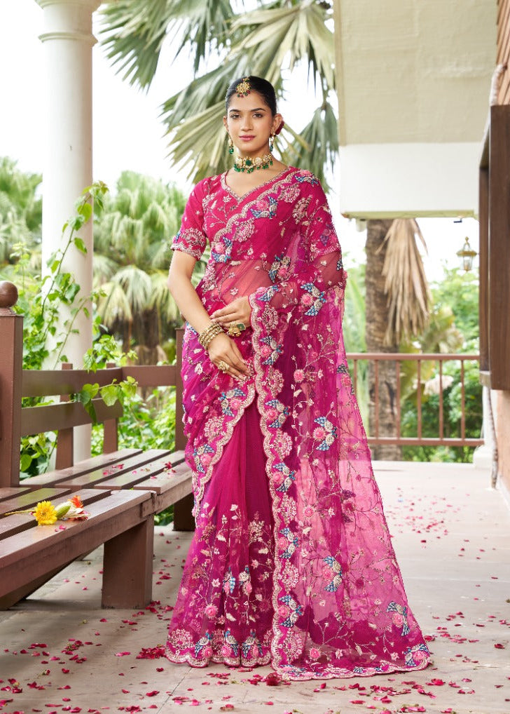 Rani Pink Embroidered Net Saree Main image