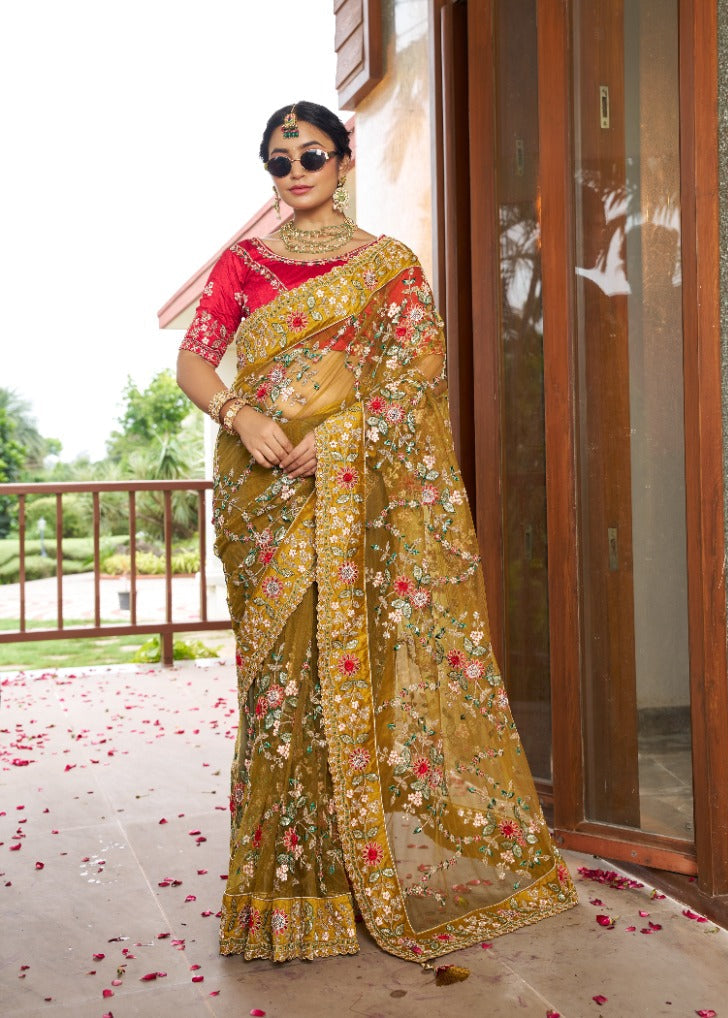 Mustard Ochre Embroidered Net Saree