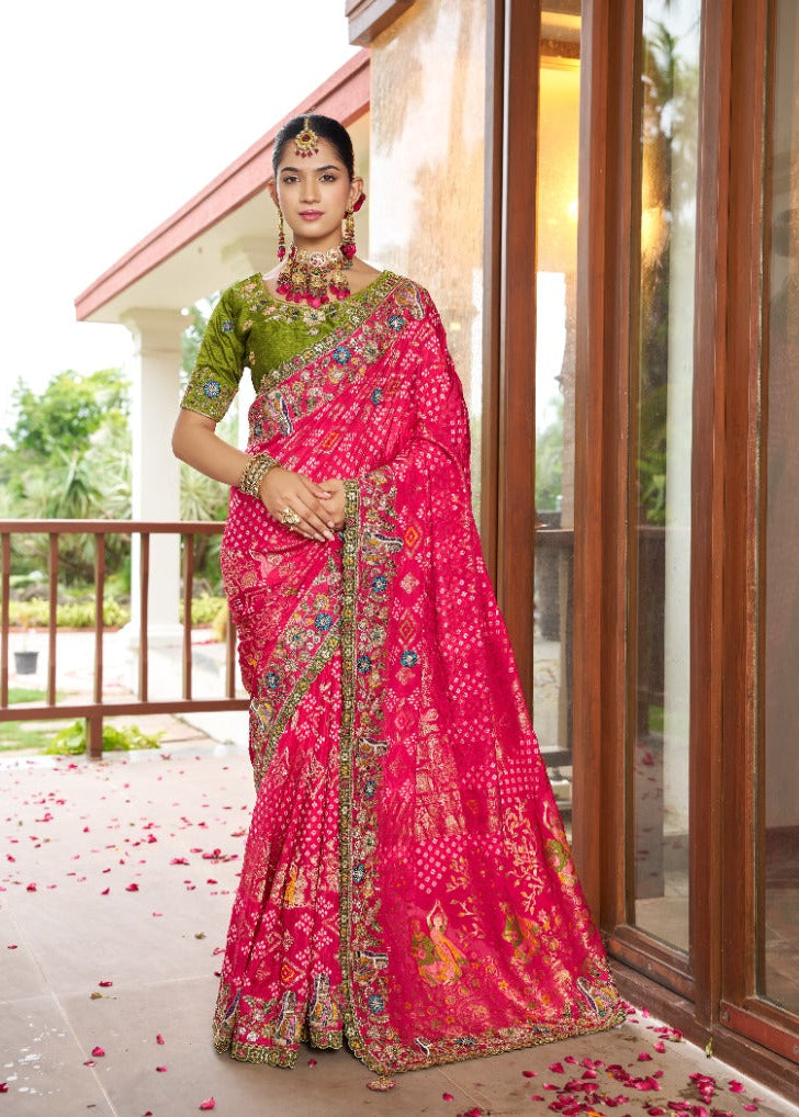 Heavy Embroidered Rani Pink Bandhani Silk Saree