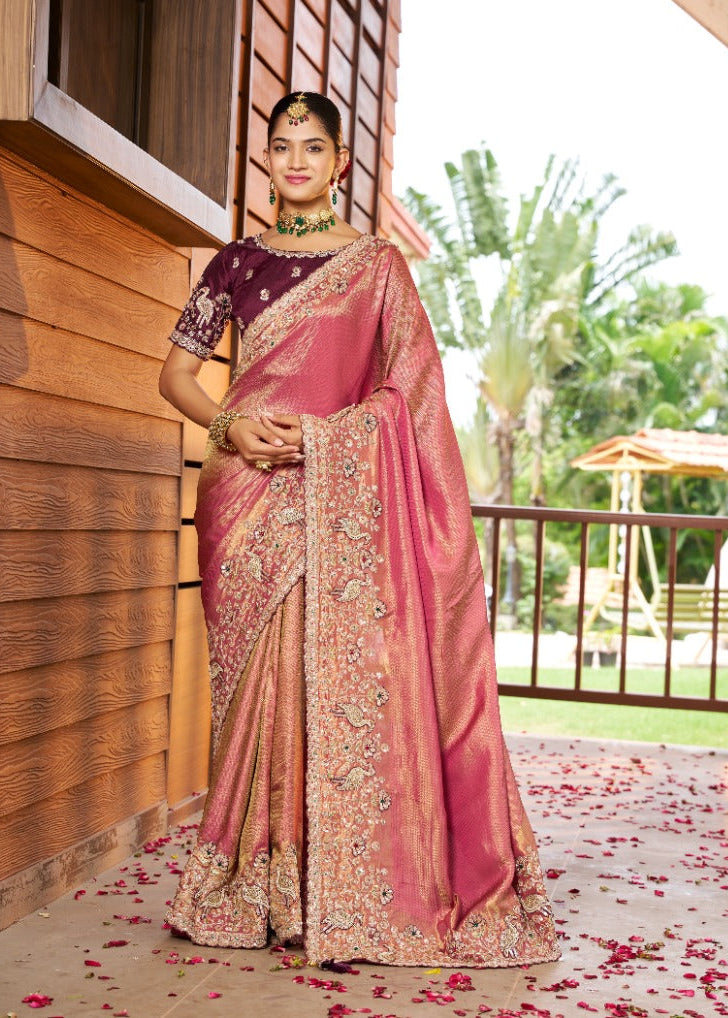 Rose Pink Embroidered Silk Saree