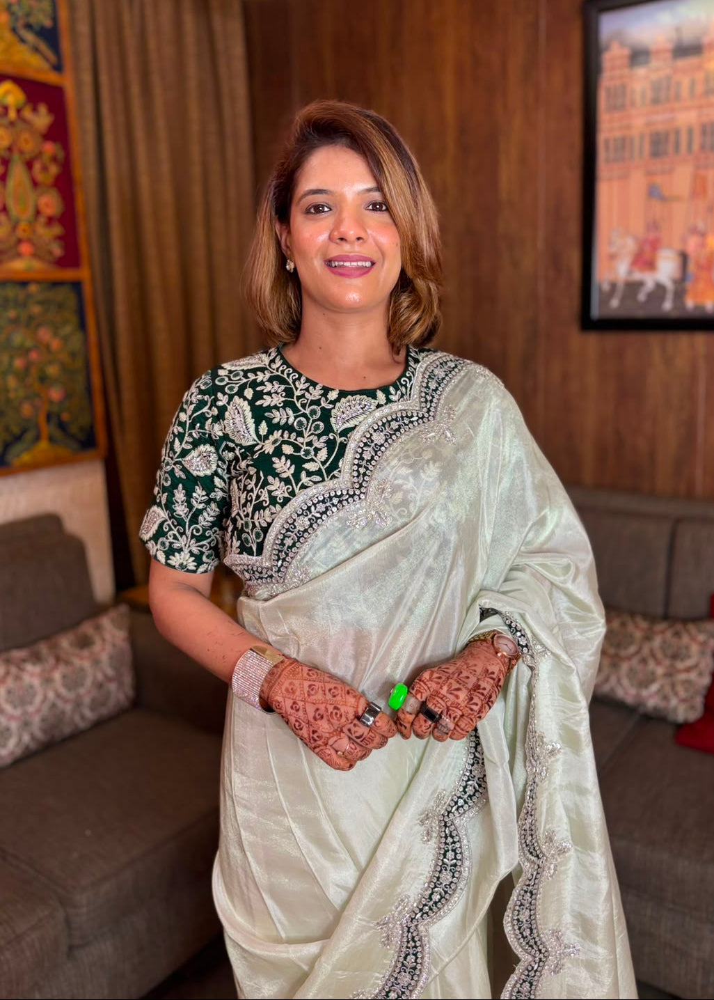 Mint Embroidered Tissue Organza Saree Secondary image