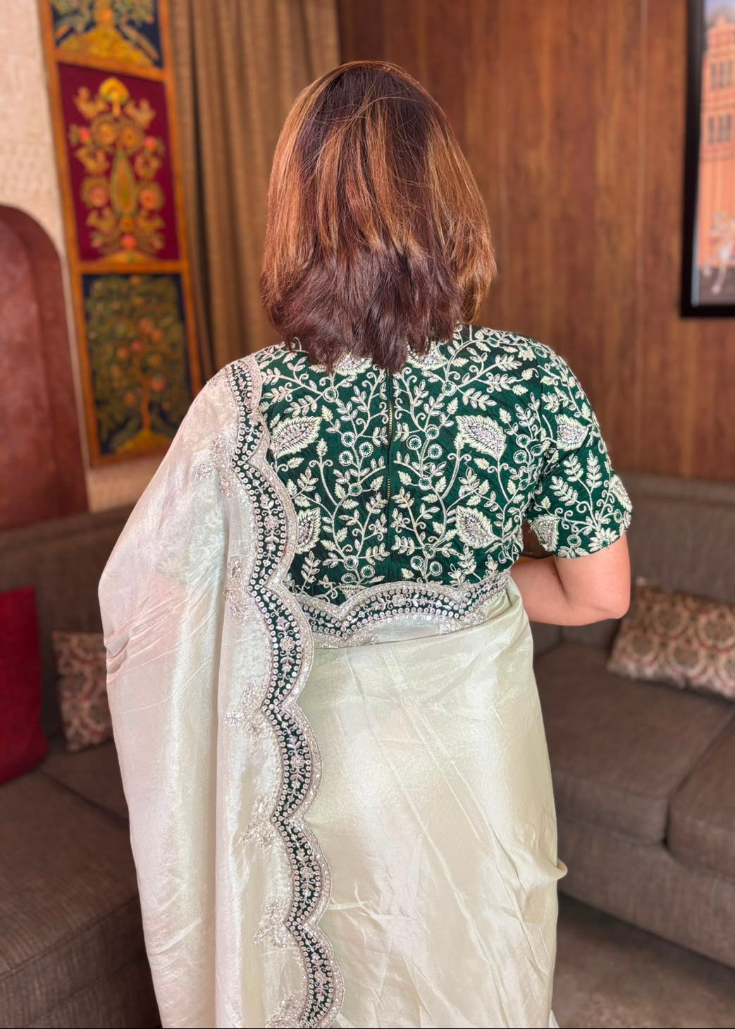 Mint Embroidered Tissue Organza Saree
