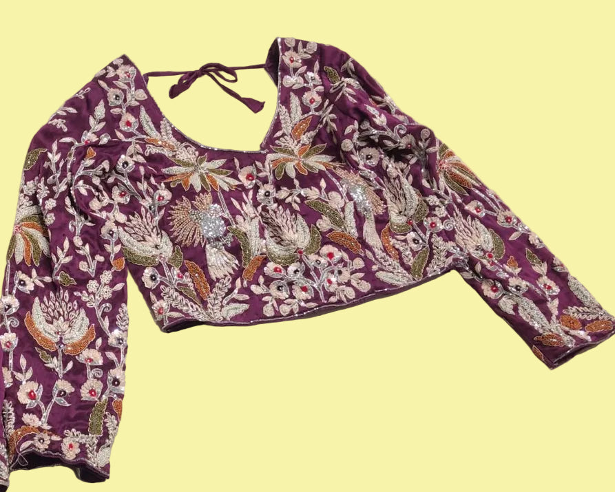 Elegant Wine Purple Organza Saree with Intricate Floral Embroidery