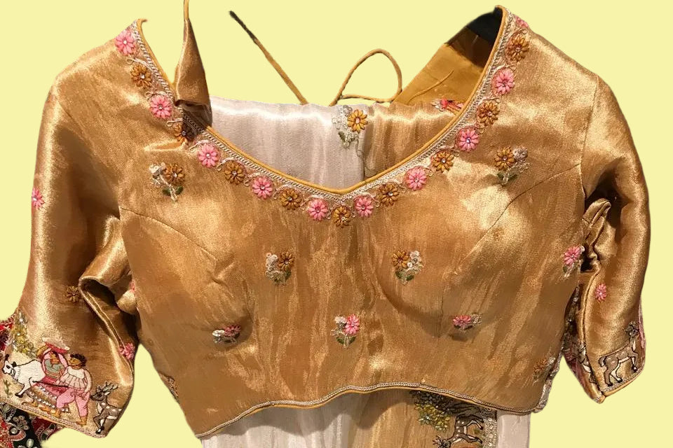 Elegant Cream & Golden Silk Saree with Handcrafted Floral