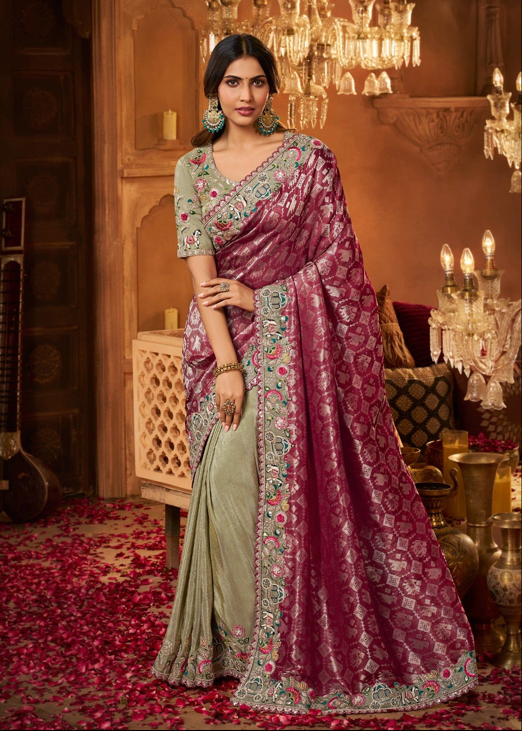 Wine and Sage Green Silk Saree with Multicoloured Floral Embroidery