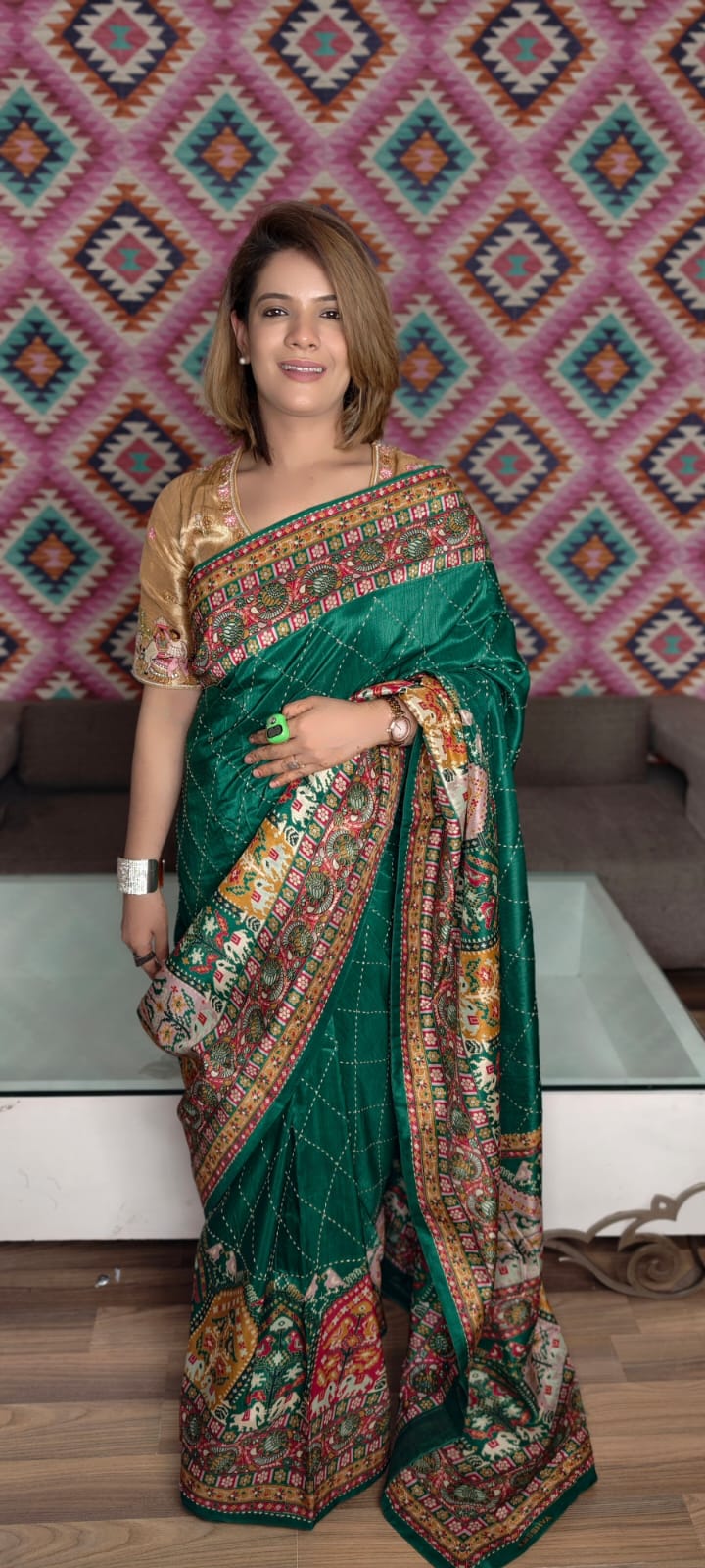 Bottle Green Printed Silk Saree with Traditional Designer Border
