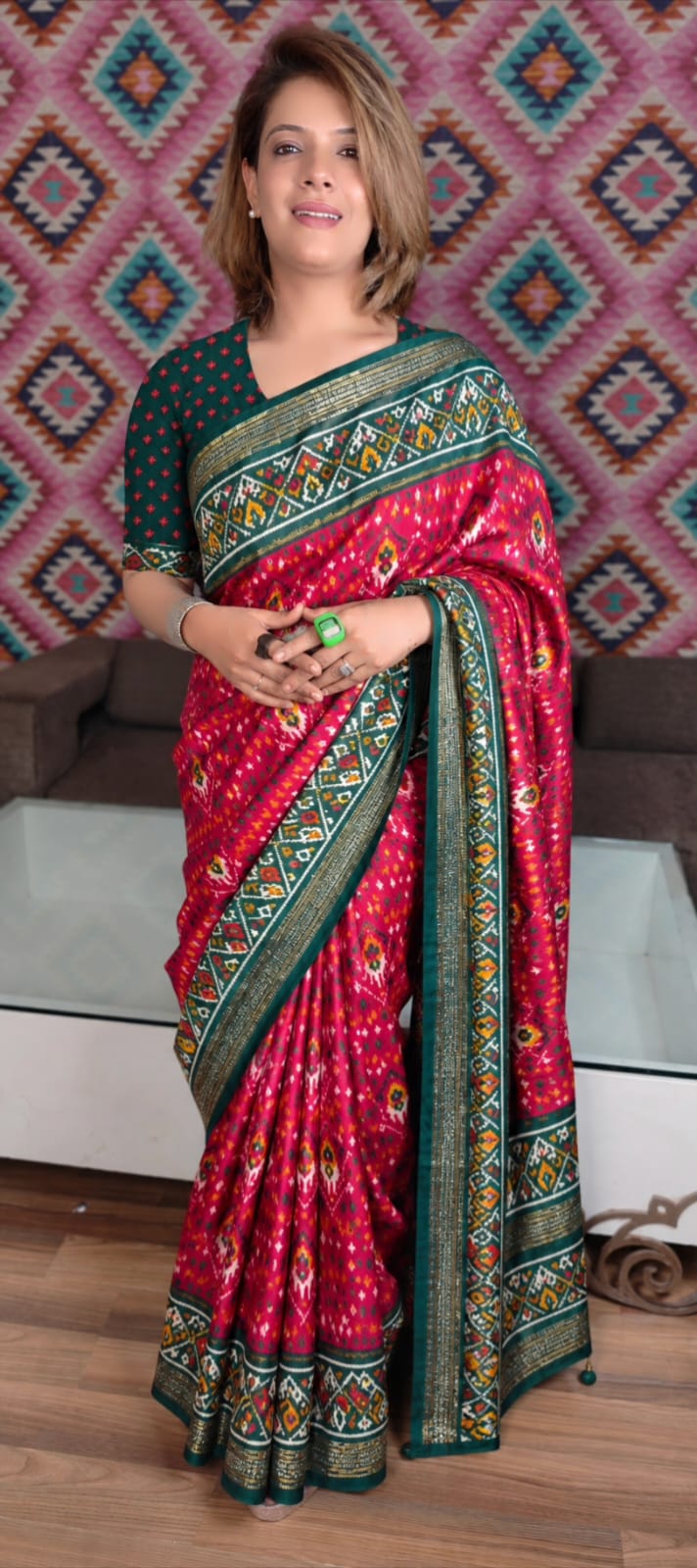 Pink & Green Printed Silk Saree with Designer Border