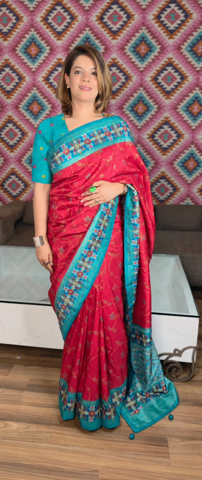 Pink & Turquoise Silk Saree with Floral Border