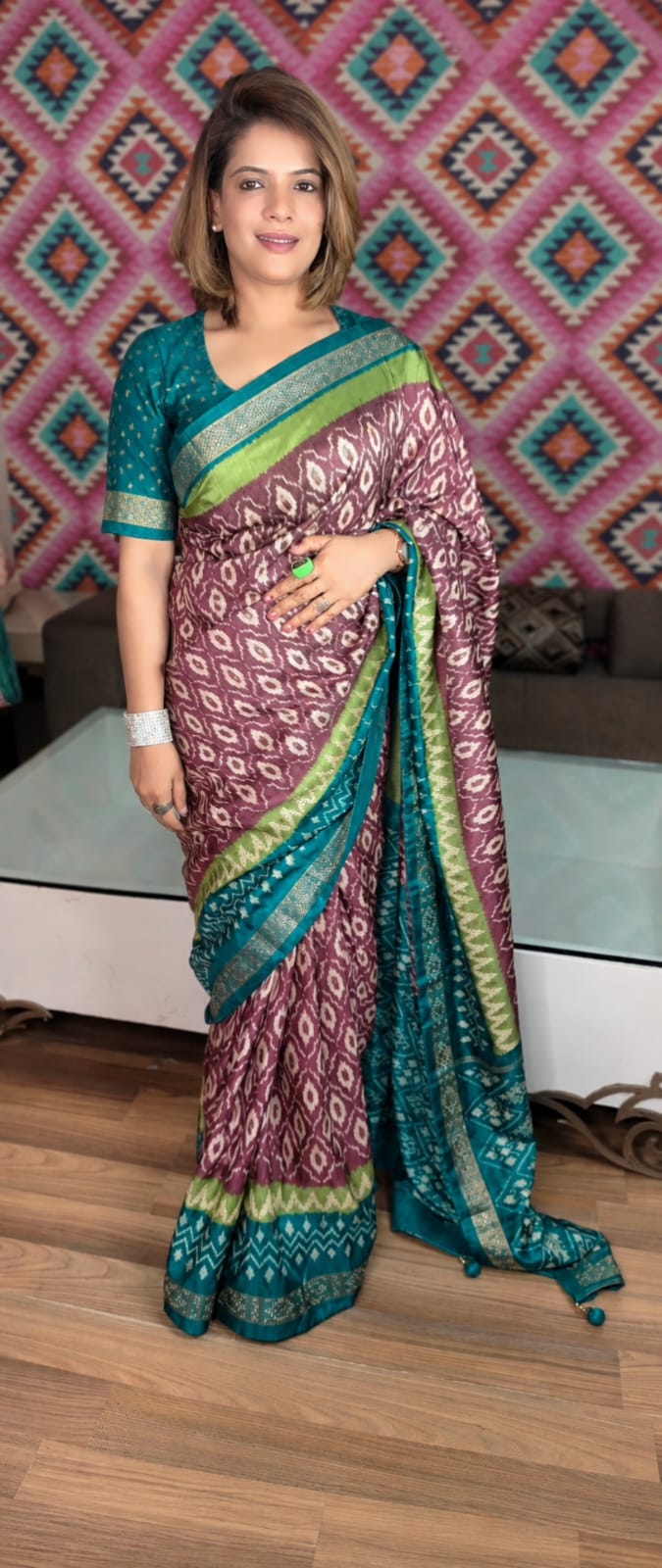Teal & Wine Silk Saree with Traditional Ikat Pattern