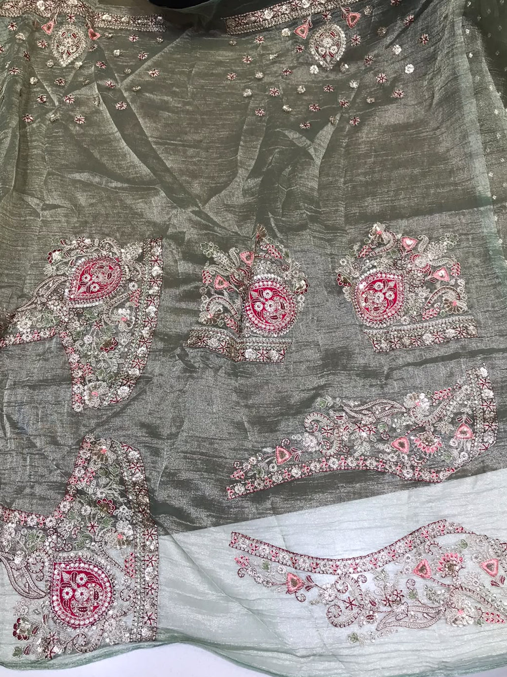 Sage Green Tissue Saree with Delicate Embroidery