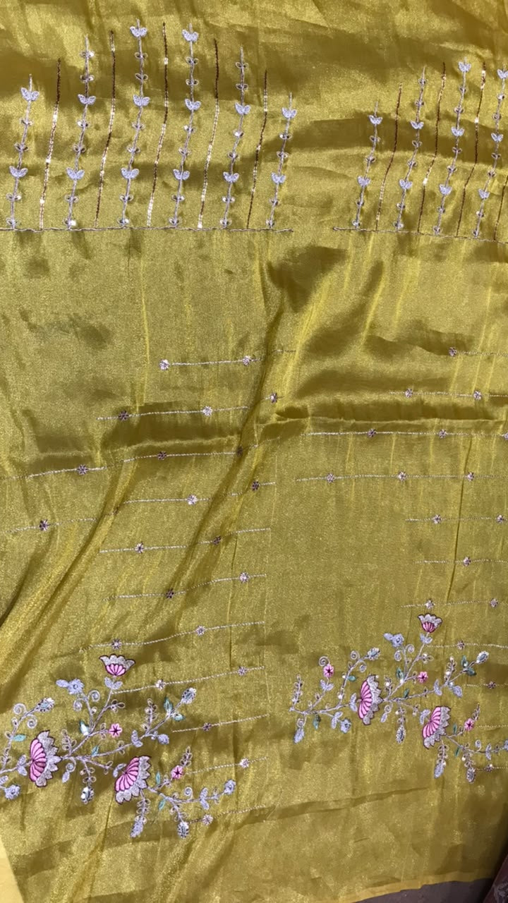 Yellow Soft Saree with Floral Embroidery & Designer Border