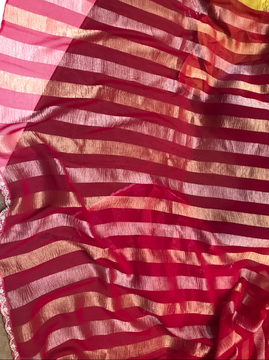 Rani Soft Fabric Saree with Striped Pattern & Lace Border