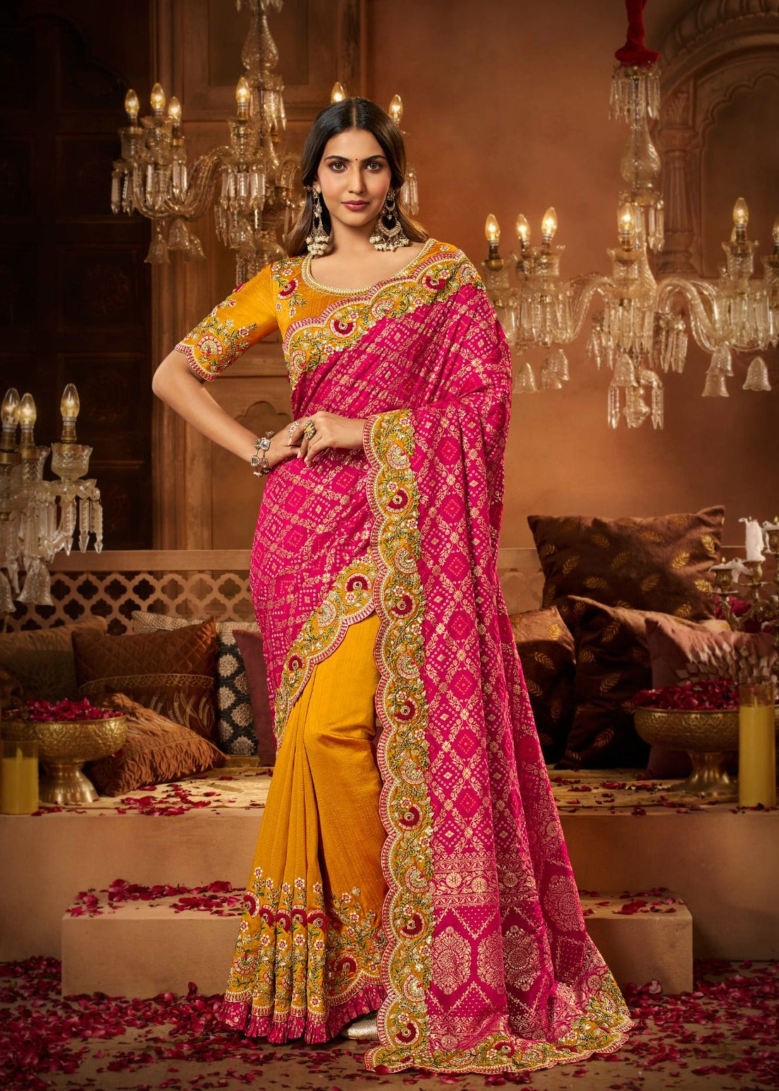 Rani Pink and Mustard Yellow Soft Saree with Traditional Embroidery