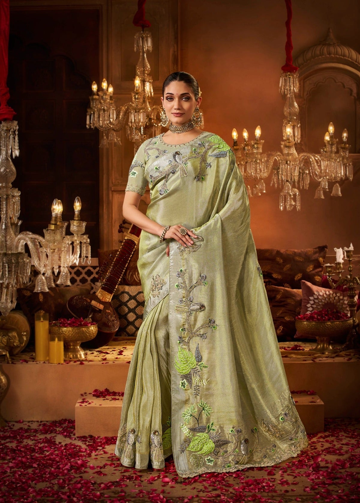 Elegant Sage Green Silk Saree with Floral and Bird Embroidery