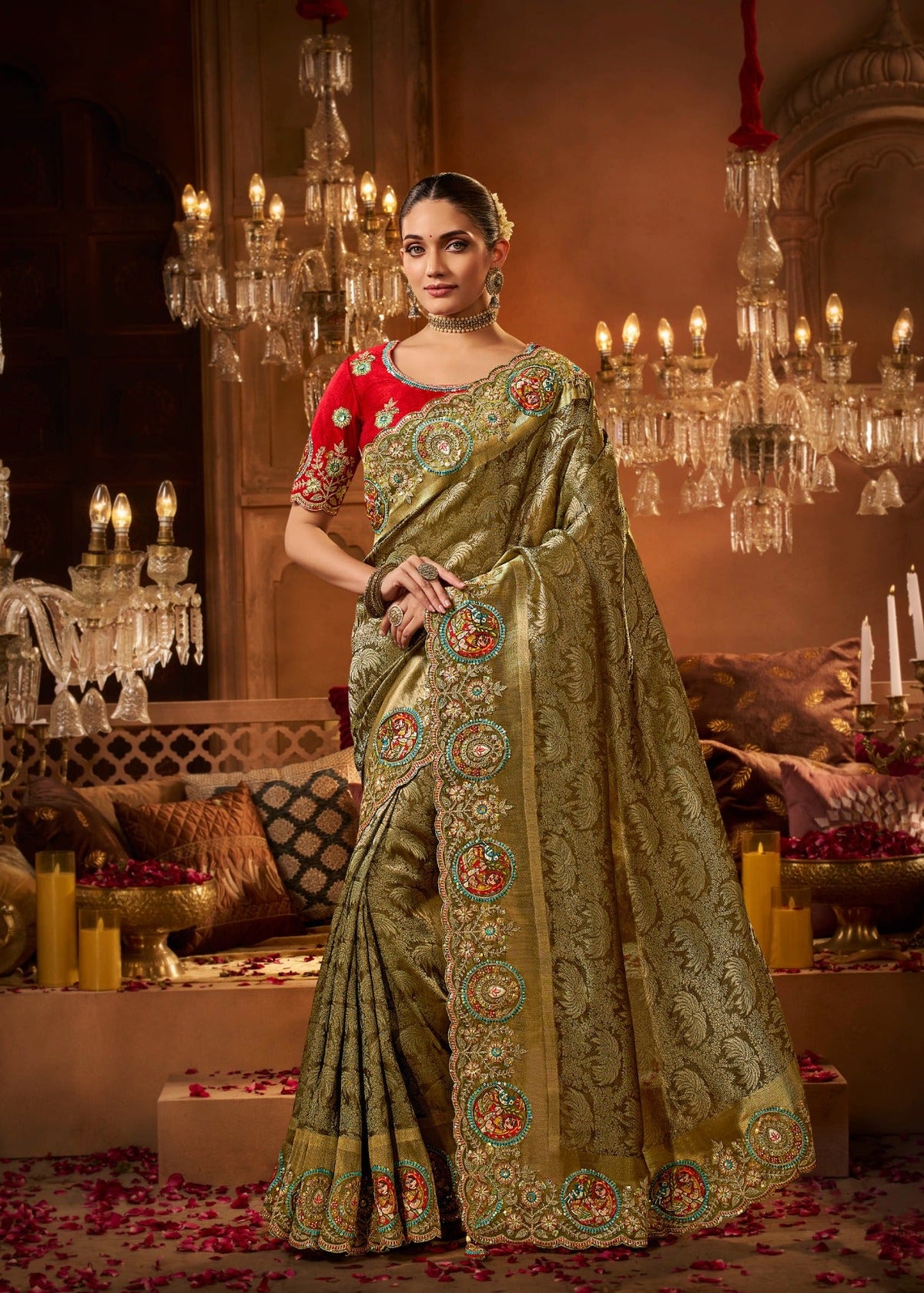 Olive Gold Silk Saree with Multicoloured Embroidery