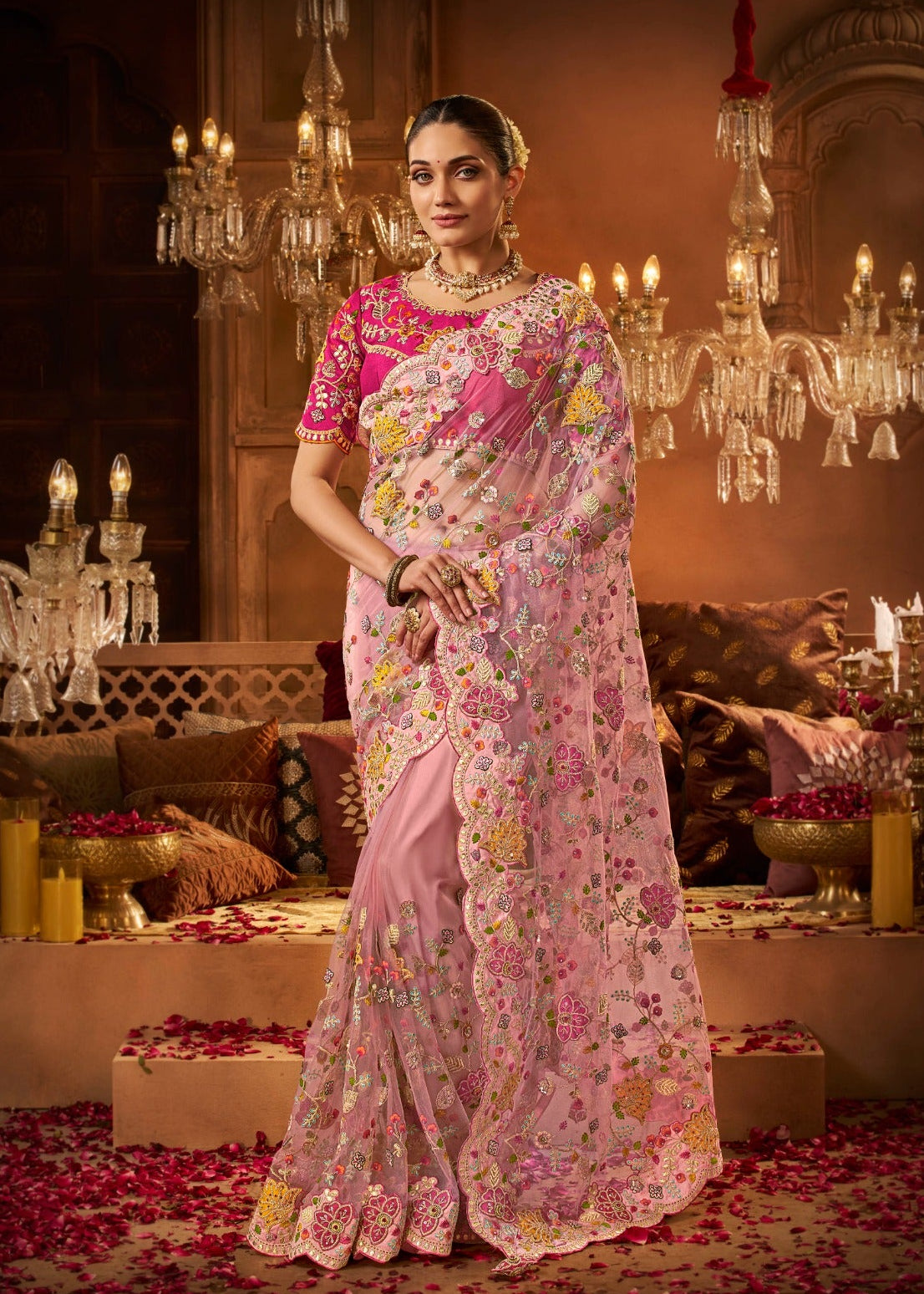 Elegant Pink Organza Saree with Multicoloured Floral Embroidery