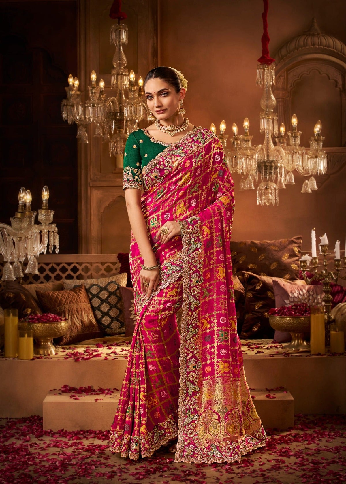Rani Pink Silk Saree with Golden Zari Work