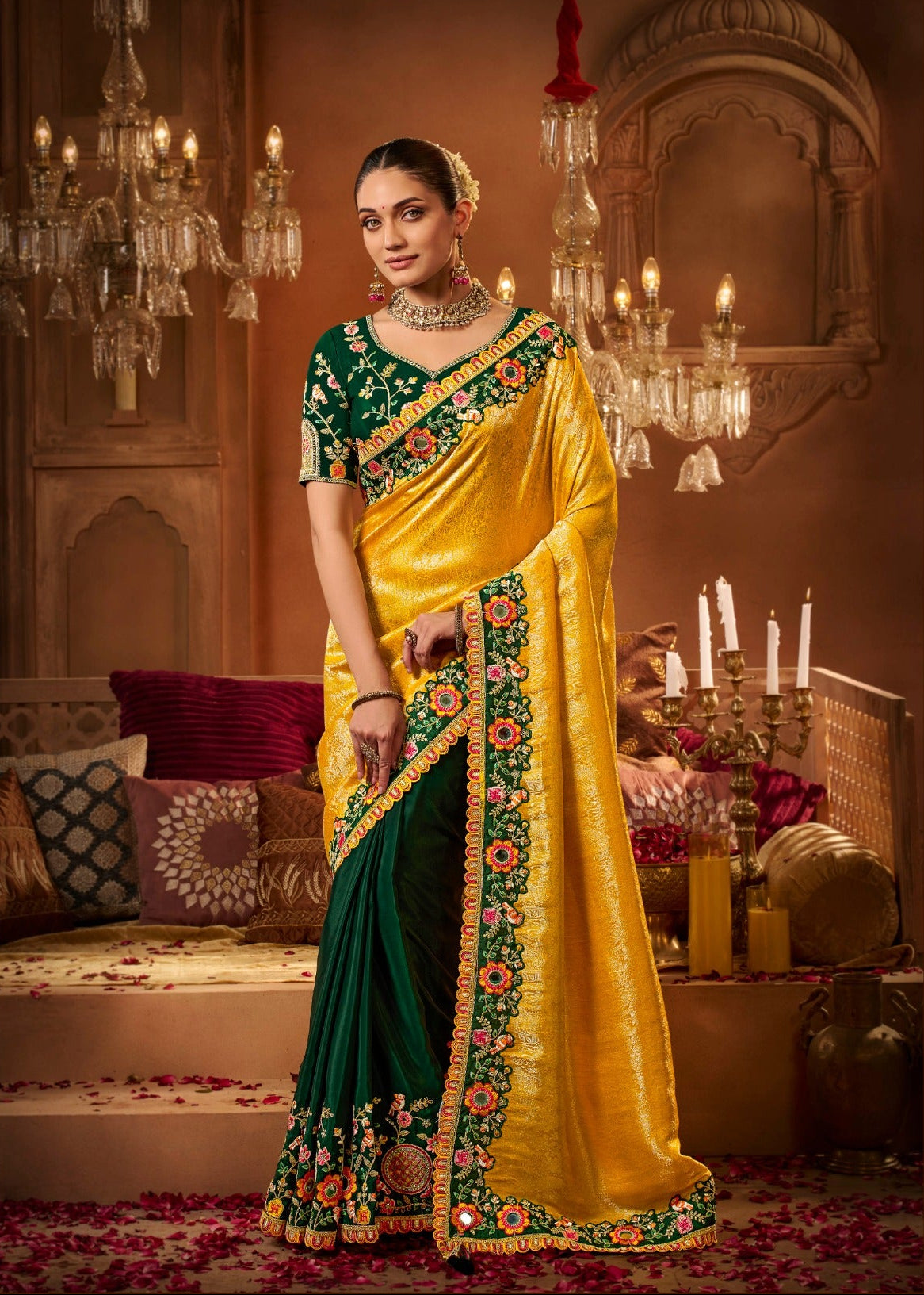 Yellow Silk Saree with Intricate Floral Embroidery