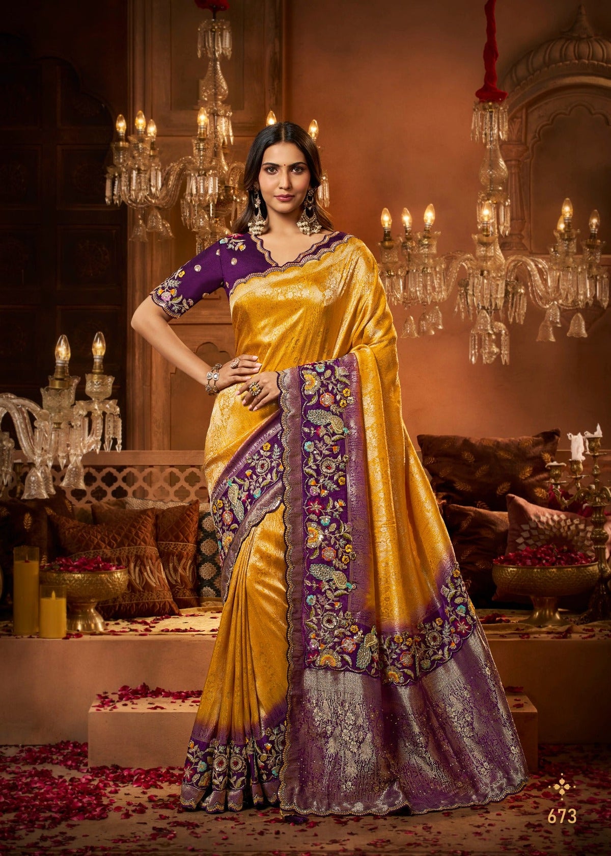 Royal Mustard Gold Silk Saree with Purple Floral Embroidered Border