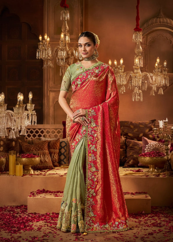 Royal Red and Sage Green Silk Saree with Peacock Embroidery