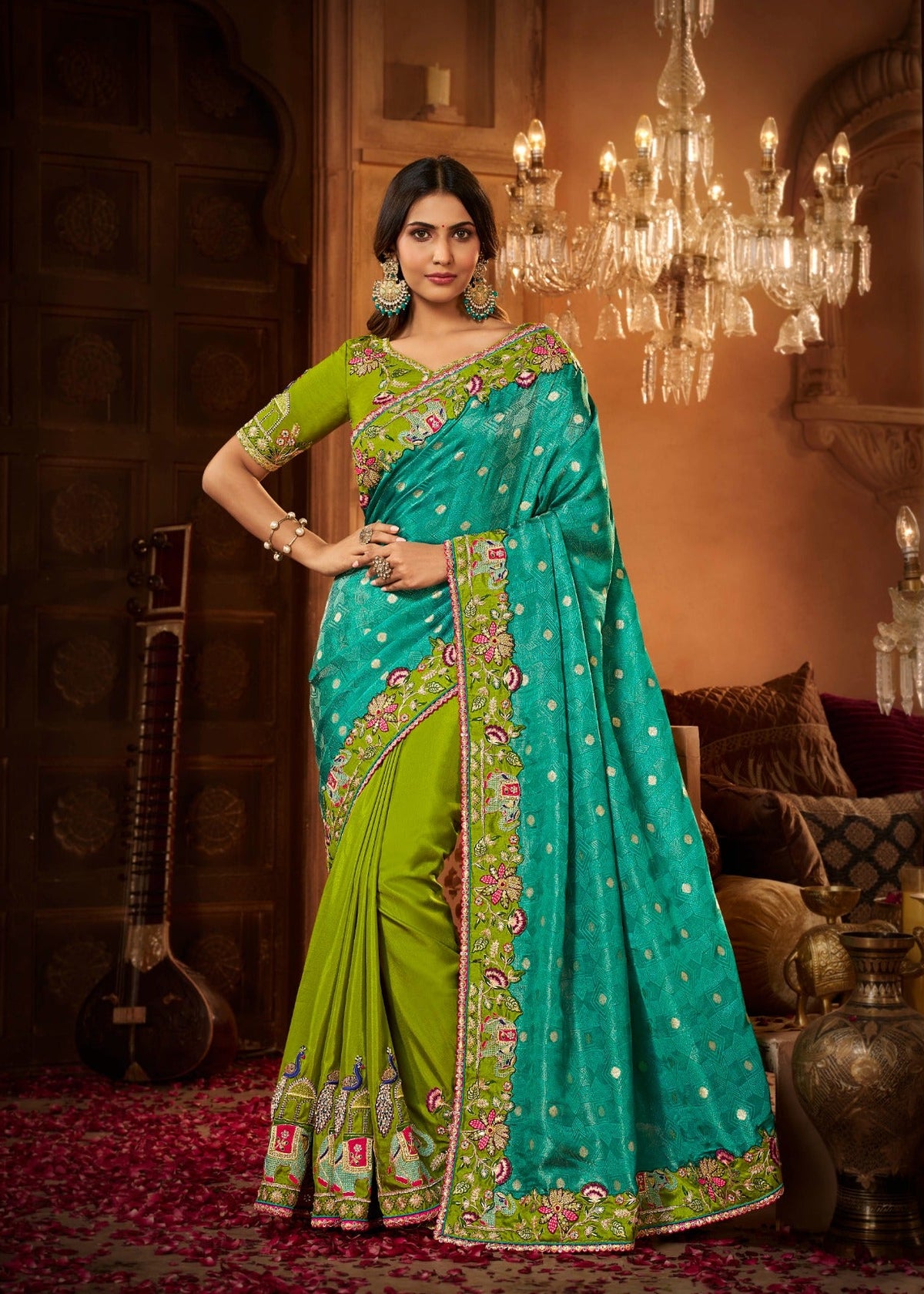 Turquoise Blue Silk Saree with Floral Embroidery and Designer Border