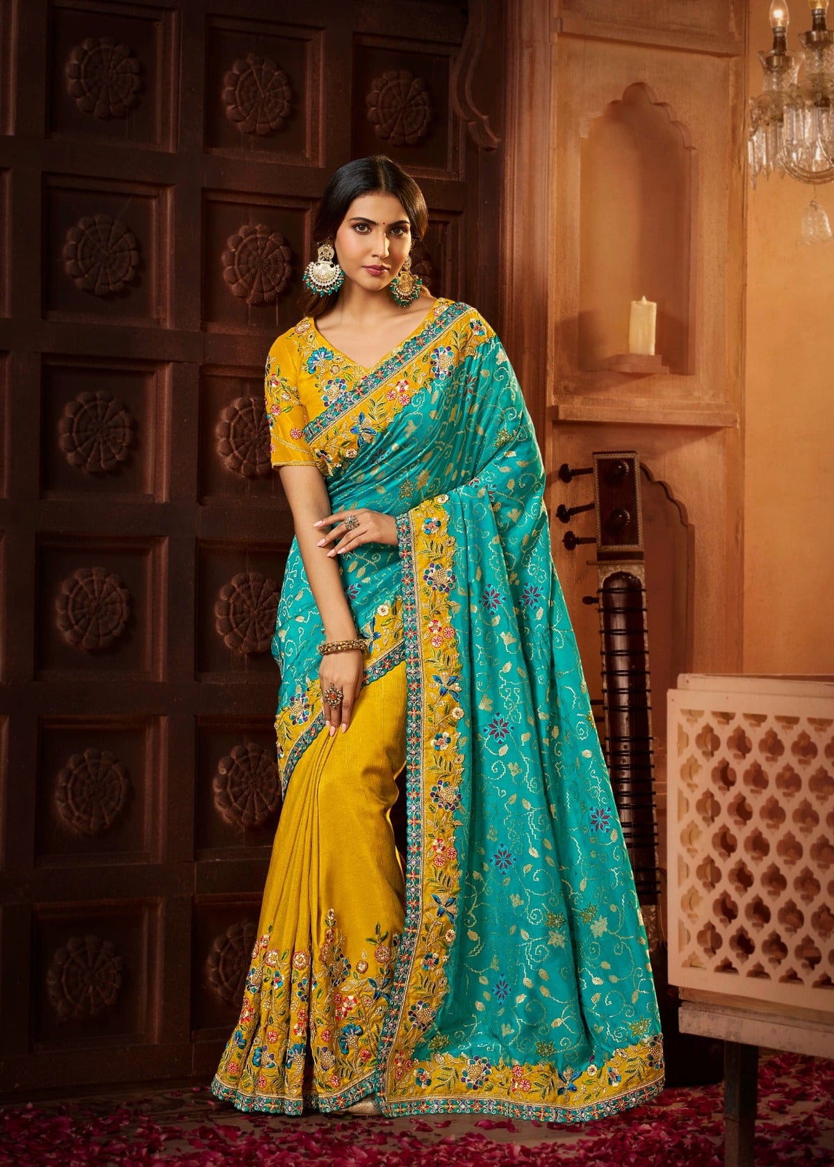 Turquoise Blue Silk Saree with Floral Embroidery