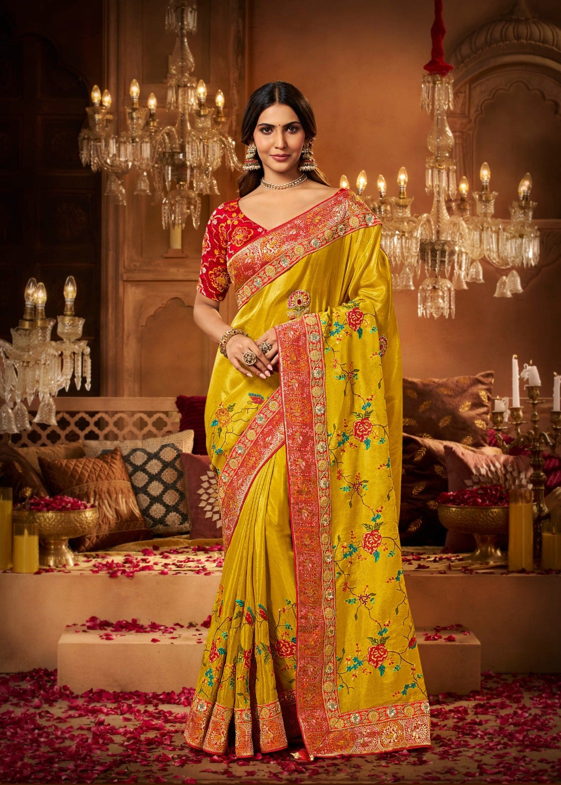 Royal Mustard Yellow Soft Saree with Floral Embroidery