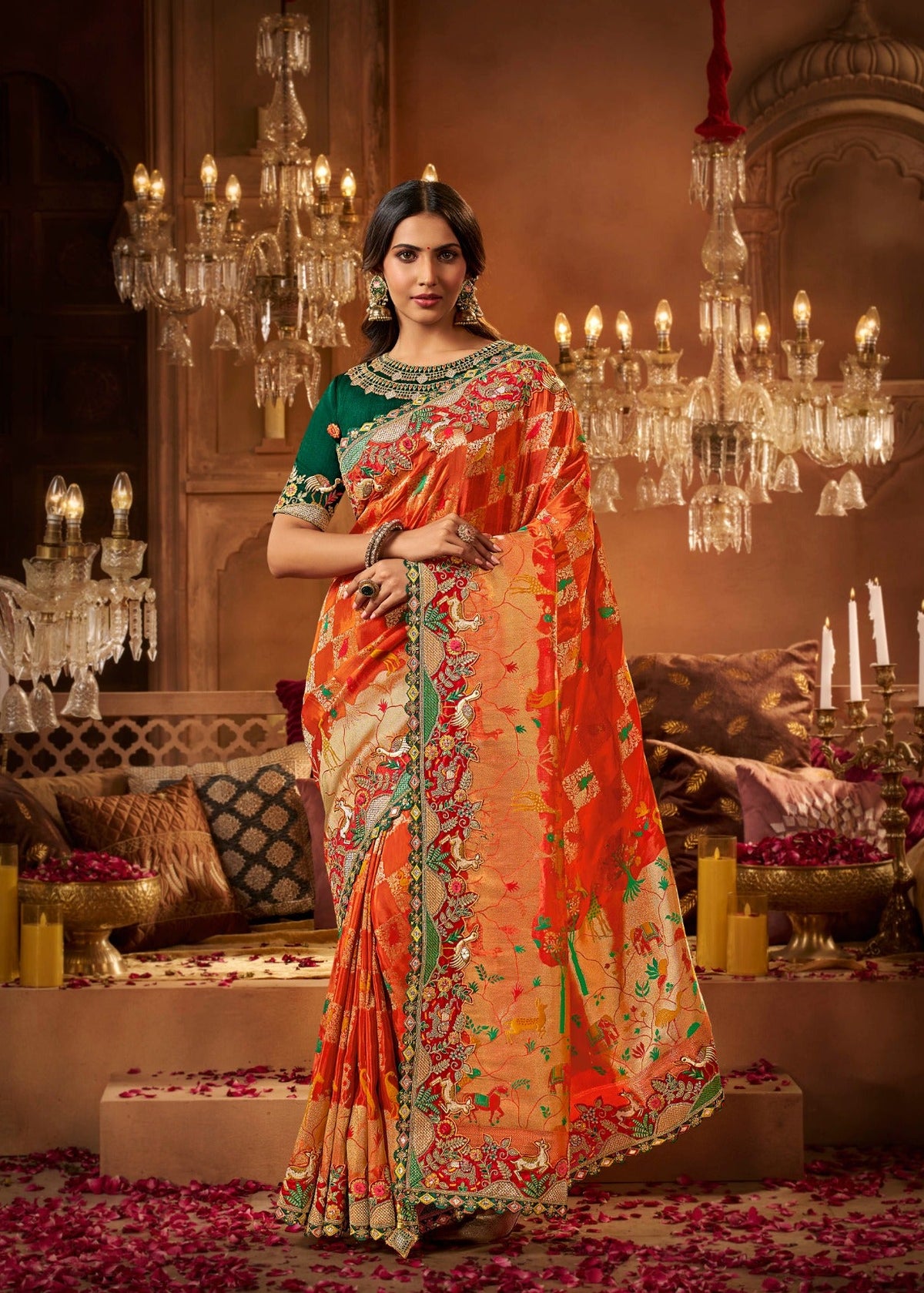 Rust Soft Saree with Golden Zari Work
