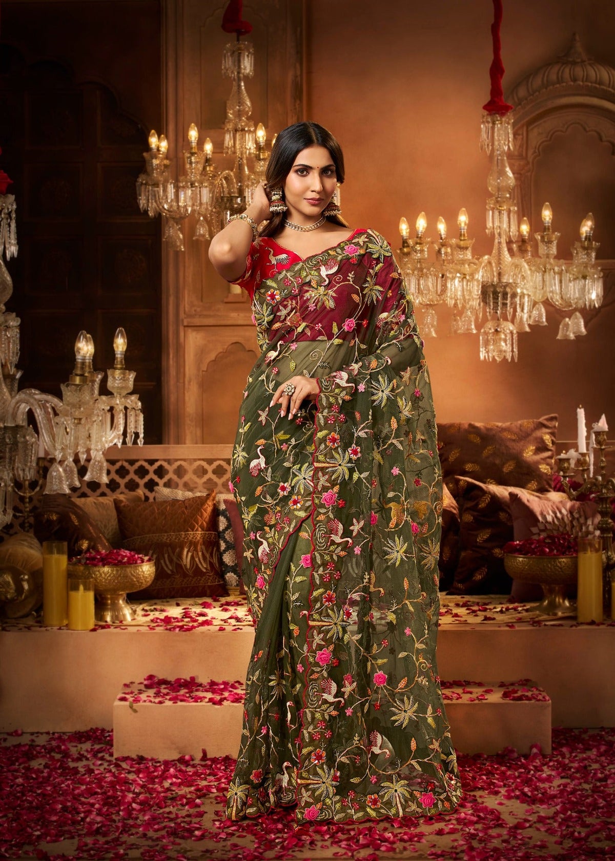 Olive Green Organza Saree with Multicoloured Floral Embroidery