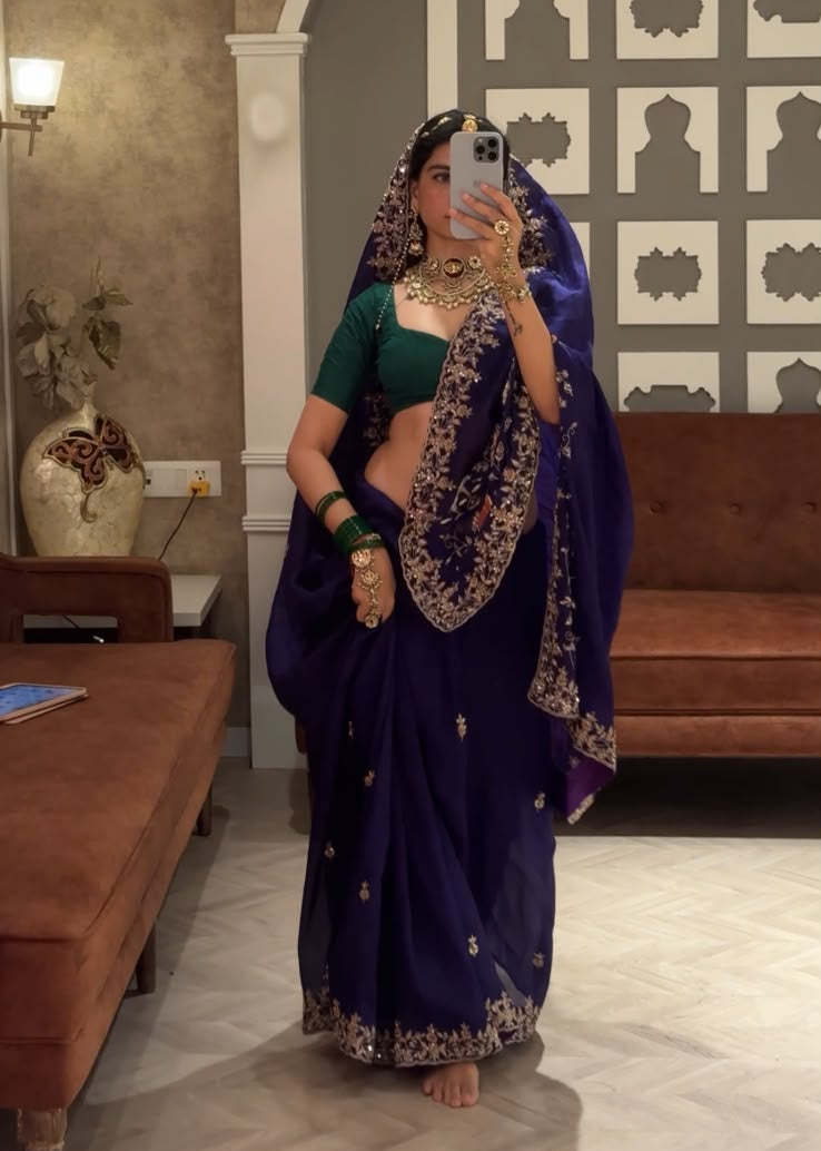 Royal Purple Hand-Embroidered Silk Saree